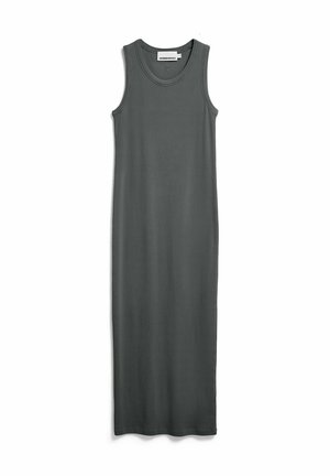 Mouwloze, geribbelde, donkergrijze, lange gebreide jurk met een ronde halslijn en rechte snit.