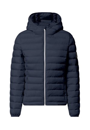 Marineblaue gesteppte Steppjacke mit Kapuze, Frontreißverschluss, elastischen Bündchen und zwei Seitentaschen, für kaltes Wetter entworfen.