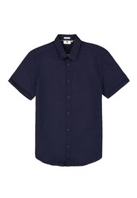 Korte mouwen, knoopsluiting overhemd in navy blauw, gemaakt van lichtgewicht stof. Heeft een klassieke kraag en een subtiele textuur, met een rechte zoom.