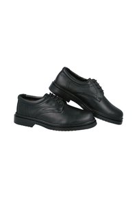 Zapatos de vestir de cuero negro con perfil bajo, punteras redondas, seis ojales para los cordones y suela de goma texturizada para mayor agarre.