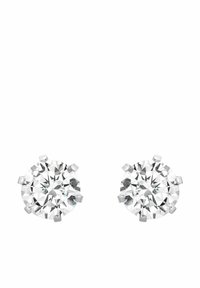 Orecchini a bottone di diamante rotondi, trasparenti con molteplici sfaccettature, montati in impostazioni in metallo bianco a sei artigli, che riflettono la luce con un brillante scintillio.