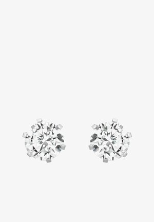 Orecchini a bottone di diamante rotondi, trasparenti con molteplici sfaccettature, montati in impostazioni in metallo bianco a sei artigli, che riflettono la luce con un brillante scintillio.