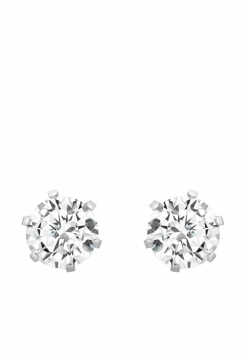 Runde diamantøreringe med klarheder og mange facetter, indsat i seks-klo hvide metalsæt, der reflekterer lys med en strålende glans.