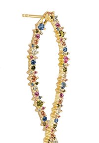 Guldtonade hoops med en vågform, prydda med flerfärgade ädelstenar i olika storlekar och slips, med en säker infästning.