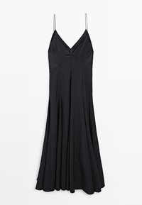 Schwarzes ärmelloses Kleid mit V-Ausschnitt, tailliertem Oberteil und ausgestellt Rock. Hergestellt aus glattem Stoff, mit einer Mittelnäht sowie subtilen Falten.