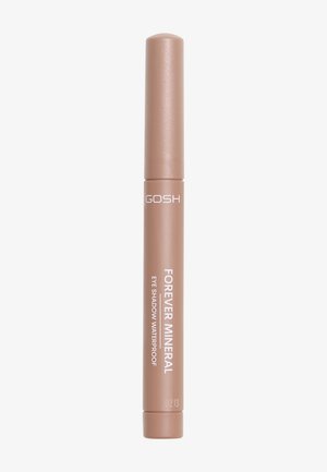 Wasserfester Lidschatten in einem zylindrischen, matten, hellbraunen Tubus. Aufdruck in weißem Text mit der Aufschrift "GOSH FOREVER MINERAL" und Produktdetails.