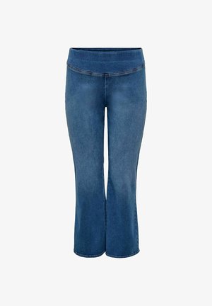 Džínové capri kalhoty s širokým pasem, modré barvy, rovné nohavice a mírný rozšířený lem. Hladká textura, žádné viditelné vzory.