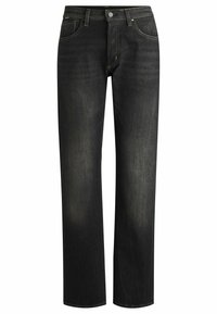 Jeans in denim neri con un design a gamba dritta, caratterizzati da cuciture rame, stile a cinque tasche e chiusura a bottone classica.
