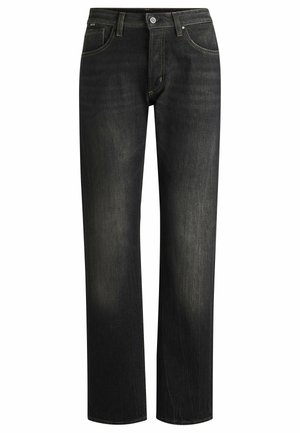 Svarta denimjeans med rak bendesign, som har kopparstickning, femficksstil och en klassisk knappstängning.