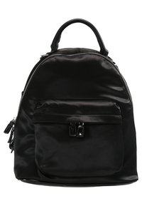 Musta satiininen reppu, jossa on pyöreä muoto, etuosassa vetoketjullinen tasku ja kaksinkertaiset vetoketjun vetimet. Varustettu yläkahvalla ja säädettävillä olkahihnoilla.