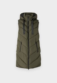 Bezrekawnik puchowy w oliwkowym kolorze z przednim zamkiem błyskawicznym, dwoma kieszeniami na zamek, kapturem i czarnymi sznurkami.