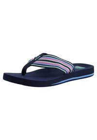 Infradito blu navy con una fibbia in tessuto a strisce nei colori rosa, teal e bianco. Suola testurizzata con una striscia blu di accento sul bordo inferiore.