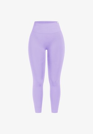 Fioletowe legginsy z elastycznego materiału o wysokim stanie, charakteryzujące się gładką strukturą i brakiem widocznych wzorów lub akcentów.