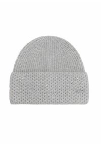 Szary dzianinowy beret z teksturowaną opaską zdobioną małymi koralikami, z podwiniętym brzegu i metalową metką z logo po boku. Miękka tkanina, dopasowane wzornictwo.
