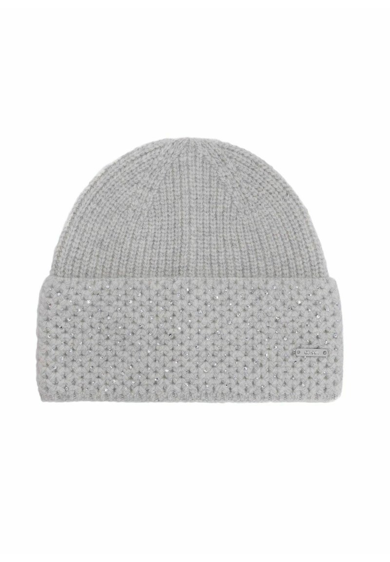 Szary dzianinowy beret z teksturowaną opaską zdobioną małymi koralikami, z podwiniętym brzegu i metalową metką z logo po boku. Miękka tkanina, dopasowane wzornictwo.