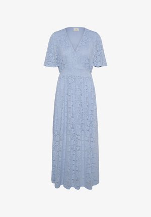 Vestito midi in pizzo azzurro con maniche corte a volant, scollo a V, vita aderente e gonna fluida.