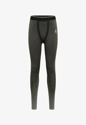 Melnas sporta leggingas ar teksturētu gradientu, ar pieguļošu dizainu un pastiprinātu jostasvietu. Materiāls izskatās izstiepjams un elpojošs.