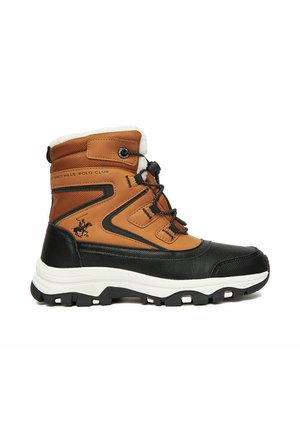 Brown and black winter boot with white sole, lace-up front, padded collar, and Beverly Hills Polo Club logo on side.
