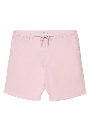Pantaloncini casual rosa chiaro con coulisse e passanti per cintura, dotati di due tasche laterali e chiusura con bottone in vita.