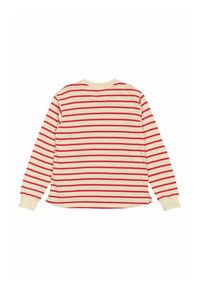 Camisa de manga larga en color blanco roto con rayas horizontales rojas, que presenta un cuello redondo, puños acanalados y aberturas en los laterales del dobladillo. Textura suave.