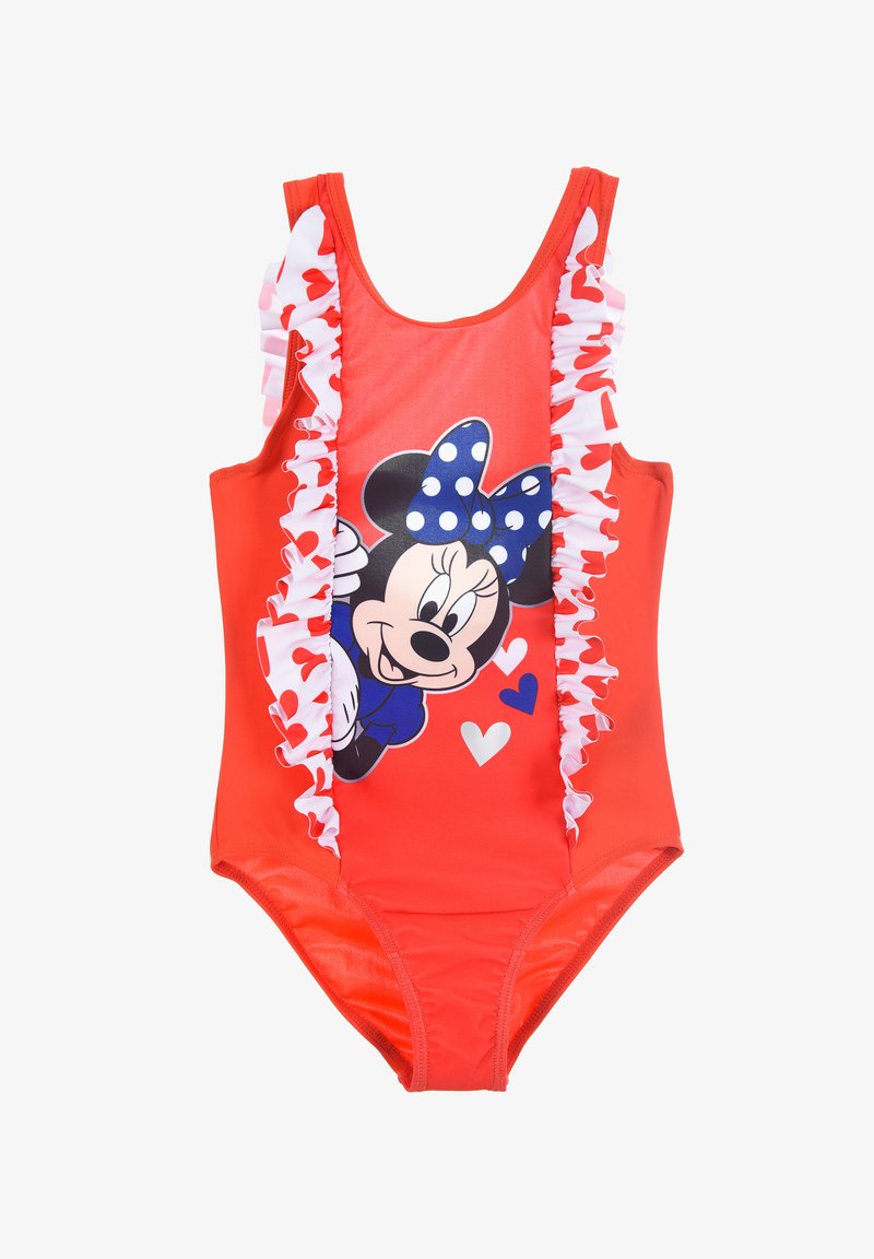 Maillot de bain une pièce rouge avec un graphique de Minnie Mouse. Il présente des volants blancs et roses le long des côtés et des accents de pois bleus sur le nœud.