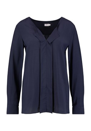 Blouse à manches longues bleu marine avec un décolleté en V, un design plissé à l'avant et une texture de tissu douce ; présente des poignets boutonnés.