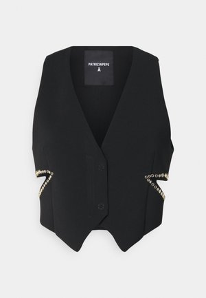 Must must vest, mille v-kaeluse, ees nupud ja dekoratiivne ahel detaile selgedest vääriskividest külgedel. Sile kangastekstuuri.