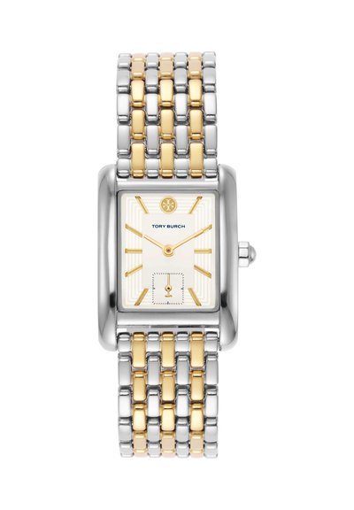 Reloj de pulsera rectangular plateado y dorado con marcadores de hora dorados, subesfera de segundos y pulsera metálica bicolor enlazada.