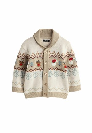 Beige strikket børnecardigan med knapper, der har rensdyr og julemands ansigter samt et mønstret design på bryst og ærmer.