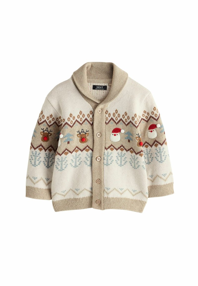 Cardigan beige en tricot pour enfants avec boutons, décoré de visages de rennes et du Père Noël et d’un motif sur la poitrine et les manches.