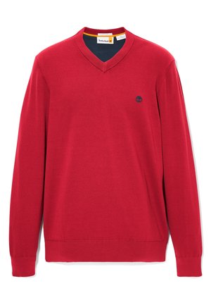 Czerwony sweter z długim rękawem i dekoltem w serek, z prążkowanymi mankietami i krawędzią, z małym czarnym haftowanym logo na lewej piersi.