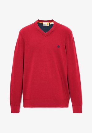 Roter V-Ausschnitt-Pullover mit langen Ärmeln, gerippten Bündchen und Saum, mit einem kleinen schwarzen bestickten Logo auf der linken Brust.
