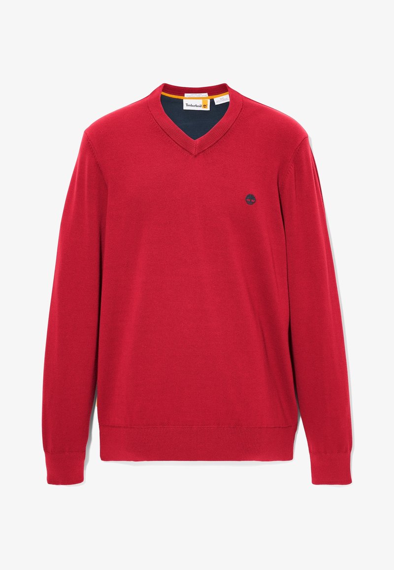 Pull rouge à manches longues col en V avec poignets et ourlet côtelés, avec un petit logo noir brodé sur le côté gauche de la poitrine.