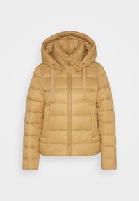 Veste matelassée matelassée couleur beige avec une fermeture éclair frontale, une capuche réglable avec cordons, et deux poches avant.