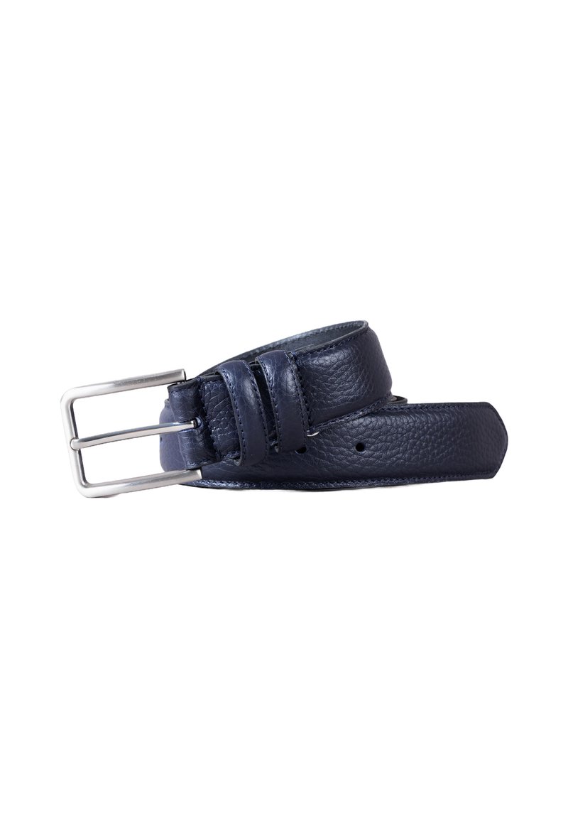 Navy blue leather belt with a textured surface, silver metal buckle, and multiple adjustability holes for size adjustment.