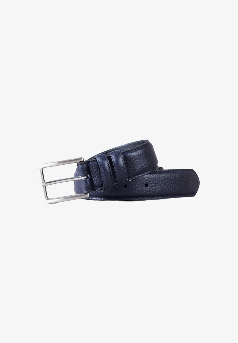 Navy blue leather belt with a textured surface, silver metal buckle, and multiple adjustability holes for size adjustment.