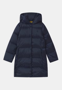 Mörkblå vadderad jacka med huva, med ett kviltat mönster, långa ärmar och en avslappnad passform. Tillverkad av glänsande syntetmaterial.