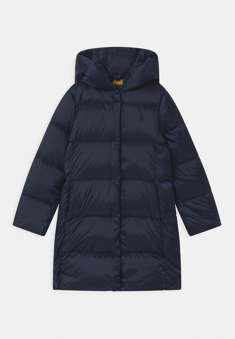 Mörkblå vadderad jacka med huva, med ett kviltat mönster, långa ärmar och en avslappnad passform. Tillverkad av glänsande syntetmaterial.