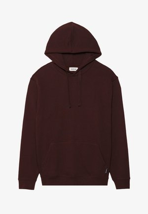 Brown hooded sweatshirt made from soft fabric. Features a kangaroo pocket and drawstring hood. Plain design with ribbed cuffs and hem.