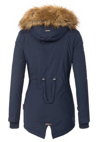 Navy blue parka with faux fur hood, drawstring waist, long sleeves, and a rounded hem; features textile material and logo detail.