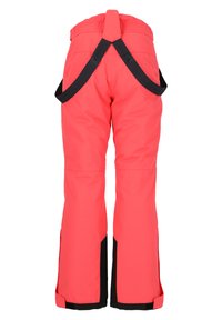 Vaaleanpunaiset hiihtohousut mustilla koristeilla, joissa on tyylikkäät olkaimet, leveät lahkeet ja vetoketjulliset sivutaskut toiminnallisuuden ja mukavuuden takaamiseksi.