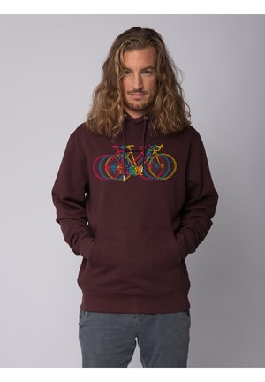 Bordeauxfarbener Hoodie mit einem bunten Fahrrad-Graphic. Das Material ist weich und hat eine normale Passform, inklusive einer Fronttasche und einer Kordelzugkapuze.