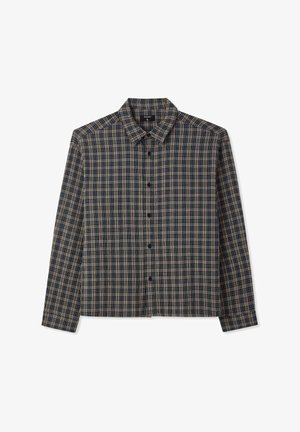 Camicia con bottoni in un motivo a quadri blu navy e beige, caratterizzata da un colletto affilato, maniche lunghe e chiusura con bottoni sul davanti.