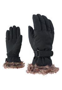Gants d'hiver noirs en tissu texturé, avec un poignet accentué de fourrure, une sangle ajustable et des doigts rembourrés pour plus de chaleur.