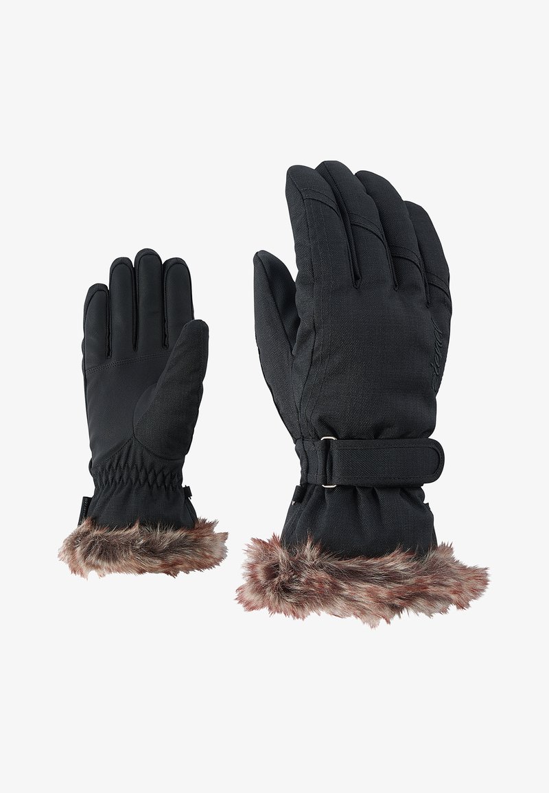 Gants d'hiver noirs en tissu texturé, avec un poignet accentué de fourrure, une sangle ajustable et des doigts rembourrés pour plus de chaleur.