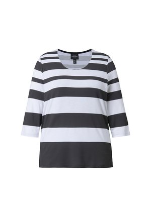 Sort-hvidt, vandret stribet skjorte med trekvartlange ærmer, rund halsudskæring og afslappet pasform.