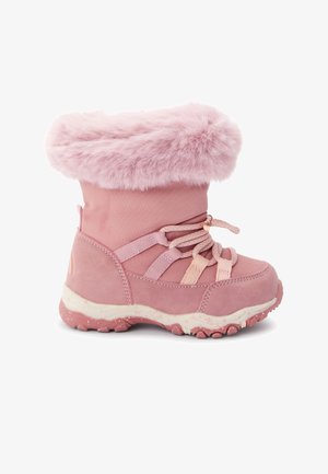 Rosa Winterstiefel für Kinder mit flauschigem Bund, Schnürung an der Vorderseite, strukturiertem Sohlenprofil und Obermaterial aus gemischten Stoffen für Wärme und Langlebigkeit.