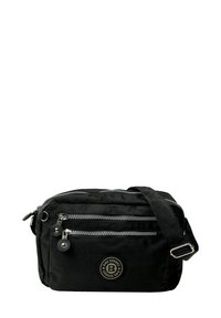 Black synthetic crossbody bag with two zippered pockets, silver accents, adjustable strap, and round logo on the front.