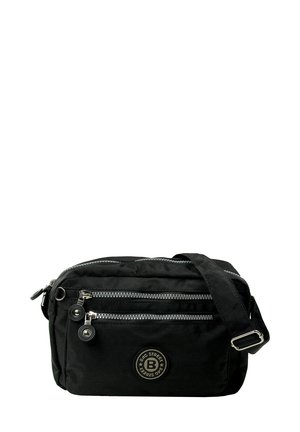 Black synthetic crossbody bag with two zippered pockets, silver accents, adjustable strap, and round logo on the front.