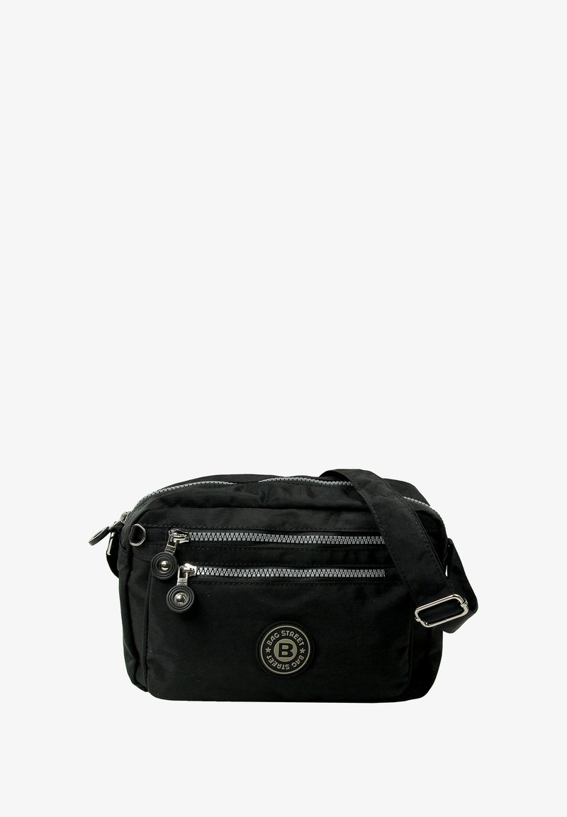 Black synthetic crossbody bag with two zippered pockets, silver accents, adjustable strap, and round logo on the front.
